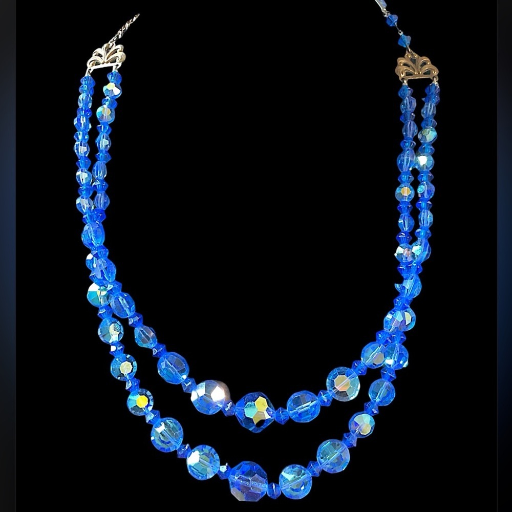 Vintage Double Strand Crystal Aurora Borealis Glass 1960s Necklace Ocean Blue